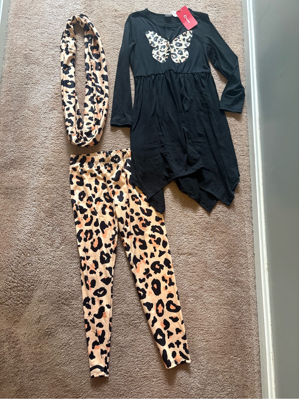 PatPat Black Dress with Leopard Print Leggings and Scarf Set